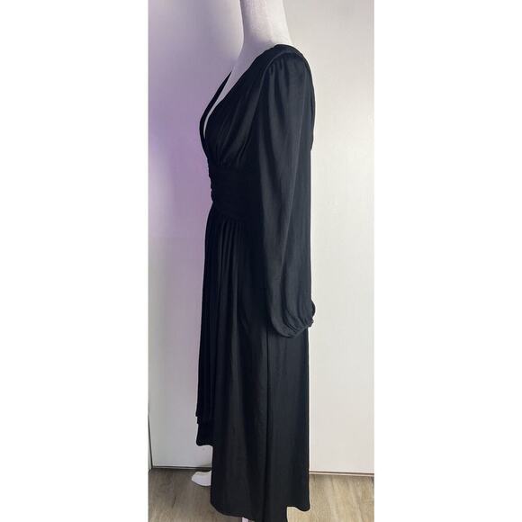 Anthropologie Gwendolyn Deep V-Neck Long Puff Sleeve Black‎ Midi Dress Sz 2 NWOT - Picture 6 of 12